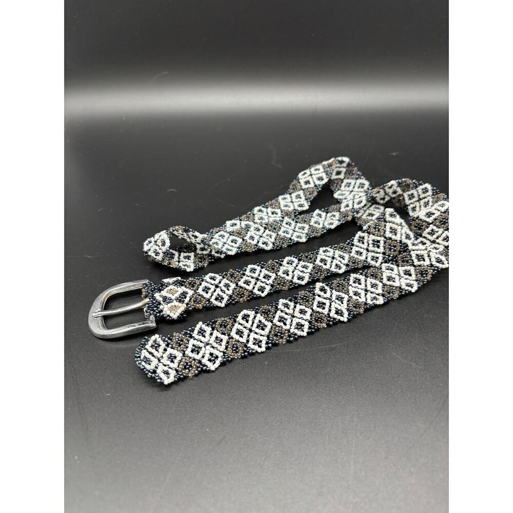 Seed beaded 1 inch wide belt black white and tan silver tone buckle boho Gypsy - Picture 2 of 4
